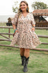 Beige Printed Surplice V Neck Cuffed Sleeve Empire Waist Plus Size Dress